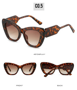 Detailed views of cat-eye sunglasses featuring tortoiseshell frames and gradient brown lenses