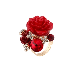 Elegant adjustable gold ring featuring a red resin rose and sparkling crystal stones