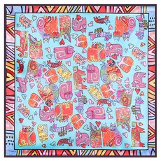Close-up of square silk scarf featuring colorful cartoon cat patterns on a blue base