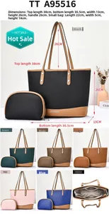 Detail view of large tote bag dimensions with matching small pouch and color options