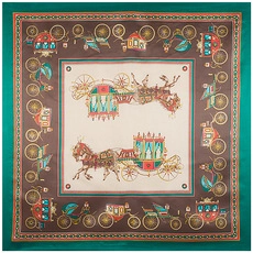 Detail of elegant silk scarf featuring vintage carriage patterns and green border