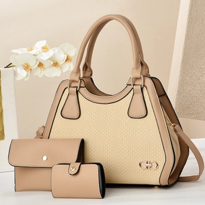 Three-piece beige tote set with straw woven texture and faux leather handles
