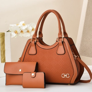 Three-piece brown PU leather tote bag set with woven texture and gold hardware details