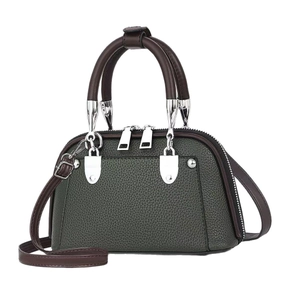 Elegant dark green lychee pattern leather handbag with brown handles and silver hardware