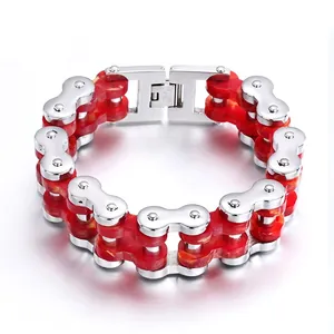 Bracelet chaîne de moto en acier titane pour homme avec résine marbre rouge