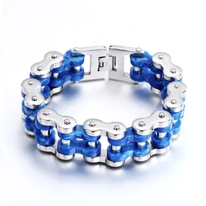 Bracelet chaîne de moto en acier titane pour homme avec incrustations en résine bleue