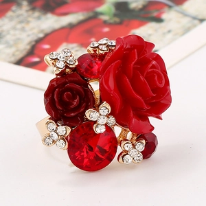 Rose Flower Ring Alloy Resin Rhinestone Crystal Adjustable Open Band Retro Ethnic Romantic Jewelry For Women