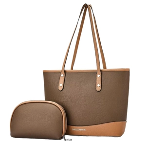 Brown leather tote bag and pouch set with pebble grain texture and twin handles