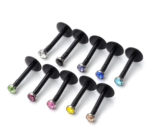 Detailed set of 10 black flat back labret studs with colorful sparkling crystal zircons