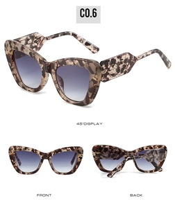 Three-way view of cat eye sunglasses showing tortoiseshell frames and gradient lenses