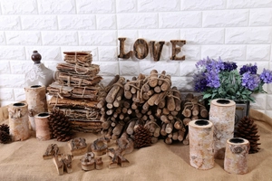 Close-up of natural birch wood decor with textured white bark and rustic jute rope accents