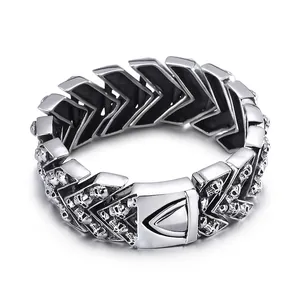 Men Skull Link Bracelet 316L Stainless Steel Vintage Punk Gothic Biker Jewelry Arrow V Shape Chain