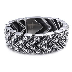 Men's punk 316L stainless steel wide bracelet featuring vintage skull embossed V-links