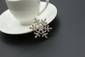 Detail showing macro snowflake brooch with sparkling rhinestones on golden base metal