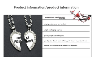 Detail view of heart-shaped Best Friends necklace set with rhinestones and size chart