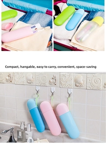 Detail of colorful travel toothbrush cases showing portable storage and silicone lanyard