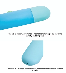 Detail of portable toothbrush case with secure lid and bottom drainage ventilation holes