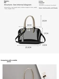 Detailed size chart for black patent leather tote bag with PU fabric measurements
