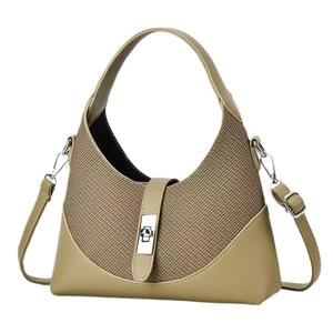 Olive green semi-circle shoulder bag featuring PU leather and woven fabric splicing
