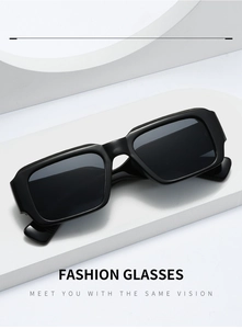 Detail view of black rectangular fashion sunglasses on a minimalist white geometric stand