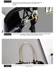 Detail view of black patent leather bag featuring anti-theft back pocket and metal hardware