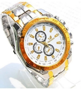 Close-up of ORLANDO silver and gold stainless steel quartz watch with white tachymeter dial