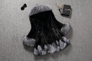 Detailed close-up showing thick faux fur texture and grey collar stitching on black coat