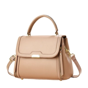Women's minimalist beige faux leather shoulder tote bag with gold metal accents
