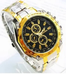Close-up of ORLANDO men's two-tone steel watch with black tachymeter dial and gold accents