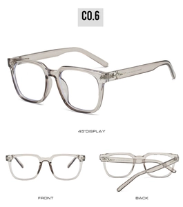 Vue sous trois angles de montures de lunettes TR90 gris transparent avec flèches en métal