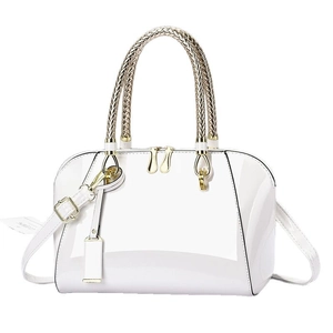 Glossy white patent leather Boston bag with metallic braided handles and gold zippers