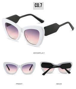 Three-angle view of white cat-eye sunglasses with bold geometric temples and gradient lenses