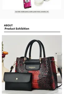 Detail of crocodile pattern handbag with gold hardware and interior capacity items