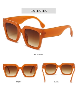 Vues détaillées de lunettes de soleil carrées avec monture orange et verres dégradés thé