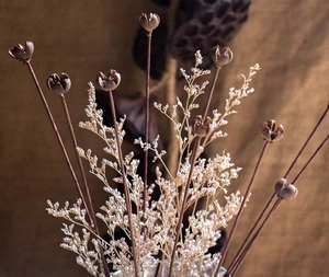 Dettaglio macro di un bouquet di fiori secchi naturali con baccelli su tessuto di iuta