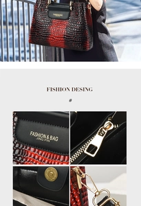 Close-up of red and black gradient crocodile pattern embossed PU leather and gold hardware