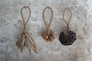 Gros plan de gousses de lotus séchées naturelles et pommes de pin avec corde de jute