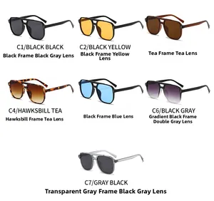 Detail display of square aviator sunglasses in seven colors with rivet accents