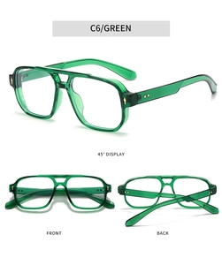 Detailed multi-angle views of square double-bridge glasses frame in translucent green