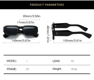 Technical drawing of black rectangular sunglasses showing exact frame dimensions and weight