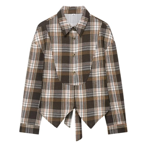 Plaid long sleeve shirt with brown and orange vintage pattern and front tie design