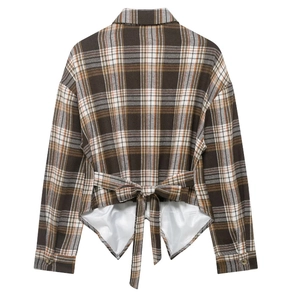 Detail view of the vintage plaid shirt back featuring a waist tie and asymmetric hemline
