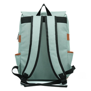 Rear view of light blue canvas backpack featuring black shoulder straps and brown leather trim