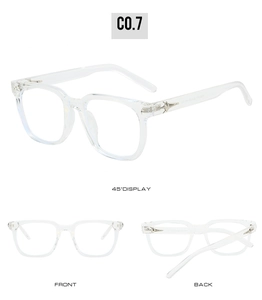Vue détaillée de montures de lunettes carrées transparentes sous divers angles de vue