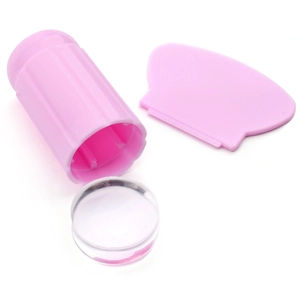 Pink transparent nail art stamper set with silicone head and scraper on white background