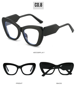 Three-angle display of black cat eye glasses with anti-blue light lenses and wide temples