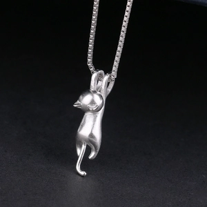Cute Cat Pendant Necklace 925 Sterling Silver Matte Finish Creative Animal Jewelry For Women With Box Chain