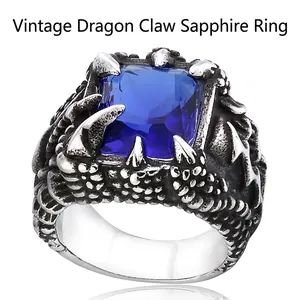 Retro punk dragon claw ring in stainless steel with a large square blue zircon stone