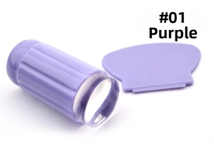 Clear silicone nail art stamper with purple striped handle and matching scraper tool