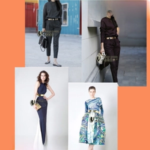 Detail of gold mirror metal wide belt with adjustable ties shown on different outfits